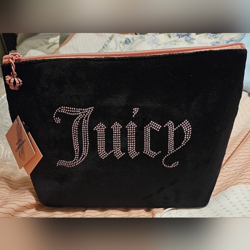 NWT Juicy Couture Black Terry Velour Top Zip Travel Cosmetic Bag